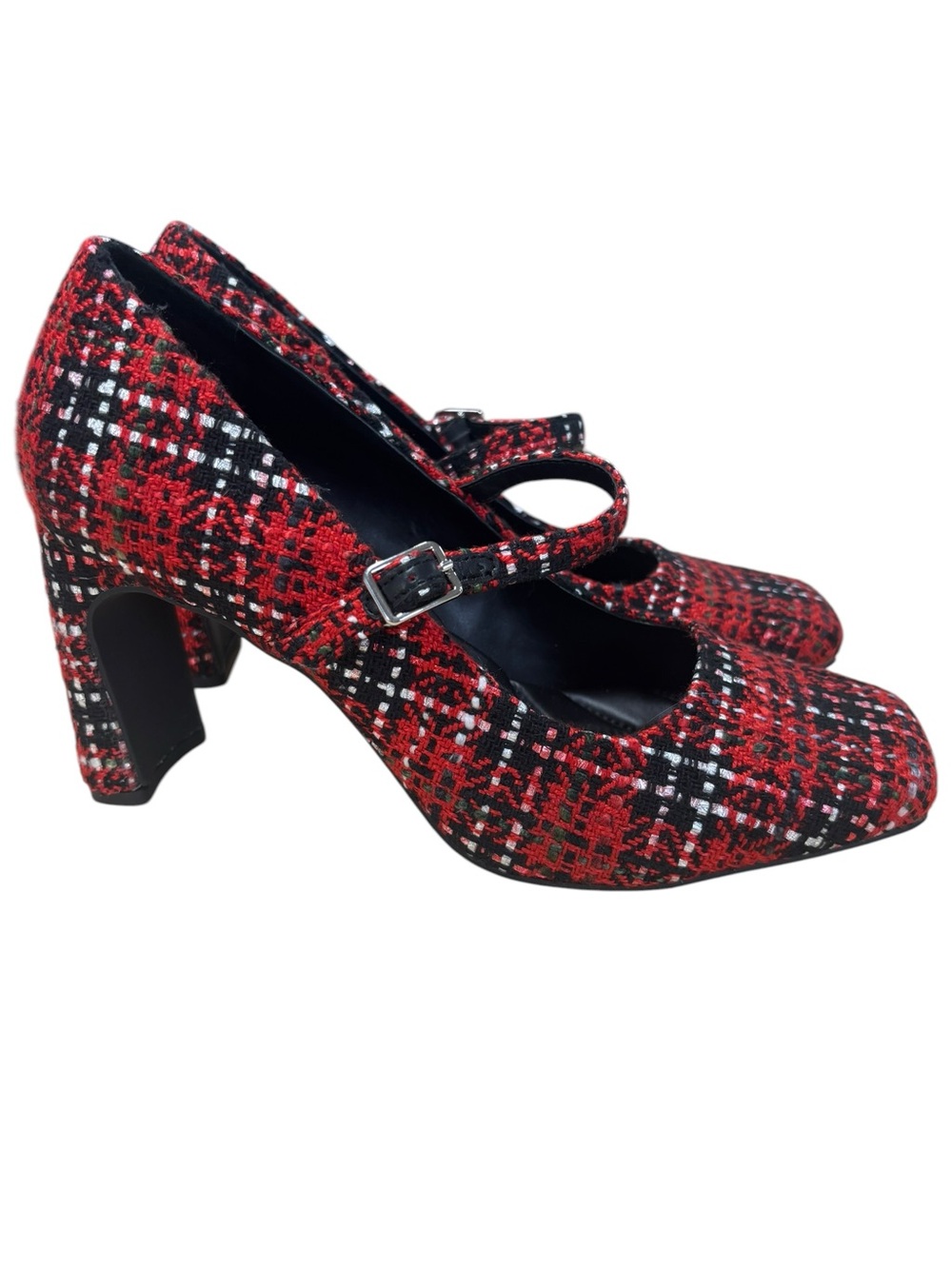 Gianni Bini Women’s Red and Black Tweed Mary Jane Strap Heels Size 8